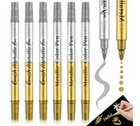 Lot de 6 stylos métalliques à double pointe - Doré et argenté - Pour écrire - Étanche - Marqueurs acryliques permanents - Pour pierre, céramique, verre, bois, métal, scrapbooking