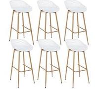 TRESSIE - Lot de 6 Tabourets Blancs Pieds Effet Bois Verni -