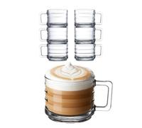Lot de 6 Tasses à Café Empilables en Verre, Verres à Latte Entièrement Trempés, Tasses à Espresso, Verres à Café et du thé, Tasses en Verre pour Boissons Chaudes avec Poignées (250 cc/8,5 oz)