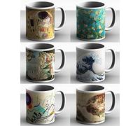 Lot de 6 tasses en céramique Mug Oeuvre d'art classique - Lot de 6 tasses - Idée cadeau - Klimt Gogh Botticelli Hokusai Kandinski Buonarroti