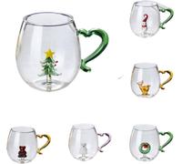 Lot de 6 tasses en verre de Noël créatives pour l'hiver, 382,7 g, tasse à café, thé, lait avec motif 3D arbre de Noël, bonhomme de neige, cerf, guirlande de cerfs, décoration de Noël