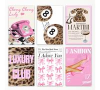 Lot de 6 toiles murales motif léopard rose, Lucky 8 Ball & Espresso Martini Guépard, nœuds de journaux, couverture de magazine, image de téléphone Cherry Lady pour chambre à coucher, 40,6 x 61 cm