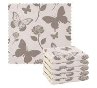 Lot de 6 torchons en microfibre pour cuisine Motif papillon de rêve Gris Kahki Rose 27,9 x 27,9 cm