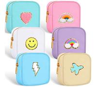 Lot de 6 Trousses de Maquillage Mignonnes avec Patchs Preppy - Trousse de Toilette en Chenille en Nylon avec Lettre - Organiseur pour Sac à Main, Petite Pochette de Maquillage à Fermeture éclair -
