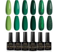 Lot de 6 vernis à ongles en gel, vert foncé et matcha à paillettes, collection vert forêt brumeux, séchage UV ou LED, 8 ml
