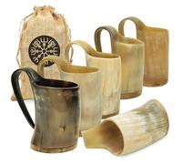 Lot de 6 verres à shot Viking en corne de bœuf authentiques et éthiques avec texture sculptée à la main et finition polie Cornes à boire nordiques médiévales pour hydromel, whisky, bière