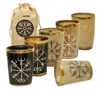 Lot de 6 verres à shot Viking fabriqués à la main à partir de véritable corne de bœuf - 90,7 g - Gobelets nordiques gravés pour whisky, hydromel ou bar - Comprend une pochette cadeau pour un affichage