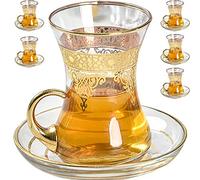 Lot de 6 verres à thé turcs et soucoupes - Verres à thé marocains dorés - Service à thé pour femme - Style vintage persan - Décoration de cuisine pour café