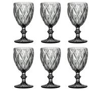 Lot de 6 verres à vin et à boire vintage colorés avec motif diamant (Rombus), verres à cocktail avec gaufrage, verres à eau, verres à vin gris