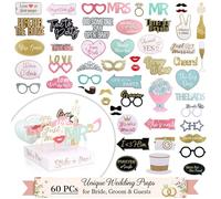 Lot de 60 accessoires de photomaton de mariage entièrement assemblés - Support d'accessoires - Panneaux de couleur - Fournitures élégantes de mariage et de réception - Accessoires de mariage amusants
