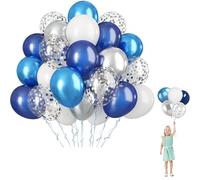 Lot de 60 Ballon Anniversaire Bleu,12 Pouces Ballon Bleus avec 2 Ruban, Bleu Marine Blanc Argent Confetti Ballons en Latex pour Garçon Anniversaire, Mariage Fête Décoration, Baby Shower Décoration
