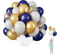 Lot de 60 Ballon Anniversaire Bleus Marine,12 Pouces Ballon Bleu avec 2 Ruban, Bleu Marine Blanc Doré Confetti Ballons en Latex pour Garçon Anniversaire, Mariage Fête Décoration, Baby Shower Fête