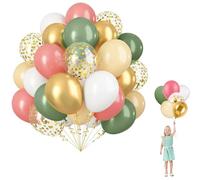 Lot de 60 Ballon Anniversaire Rose Vert Or, 12 Pouces Ballon Rétro Rose avec 2 Ruban, Rosefuchsia Vert Blanc Or Confetti Ballons en Latex pour Anniversaire, Mariage Fête Décoration, Baby Shower Filles
