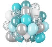 Lot de 60 ballons à l'hélium Tiffany en latex bleu métallisé, argenté, blanc, 30 cm, pour mariage, anniversaire, fête prénatale, fête nuptiale, remise de diplôme