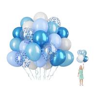 Lot de 60 Ballons Anniversaire Bleu, 12 Pouces Ballon Bleu avec 2 Ruban, Bleu Blanc Argent Confettis Ballons Latex Colorés pour Anniversaire Mariage Baby Shower Décoration Fête
