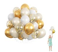 Lot de 60 Ballons Anniversaire Doré Blanc, 12 Pouces Ballon Doré avec 2 Ruban, Blanc Et Or Confettis Ballons Latex Colorés pour Anniversaire Mariage Journée du Souvenir Baby Shower Deco Fête Bapteme