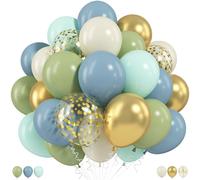 Lot de 60 ballons de baudruche verts, bleus, dorés, beiges, de 30 cm, vert sauge, pastel, rétro, ardoise, avec confettis dorés métallisés, pour anniversaire, jungle, safari, mariage, fiançailles