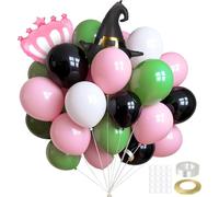 Lot de 60 ballons de fête verts, roses, noirs, blancs de 30,5 cm, avec corbeau rose et chapeau de magicien, décoration de fête sur le thème de la princesse sorcière, discothèque, cosplay, anniversaire