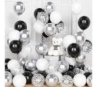 Lot de 60 ballons en latex avec confettis argentés pour anniversaire, mariage, fête prénatale, remise de diplôme, anniversaire de mariage - 30,5 cm - noir/blanc/argenté métallisé