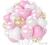 Lot de 60 ballons en latex en forme de cœur rose clair pastel et blanc nacré - 30,5 cm - Double rembourrage et confettis dorés pour filles et femmes - Pour anniversaire, mariage, fête prénatale