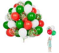 Lot de 60 Ballons Noel, 12 Pouces Ballon Verts Rouges avec 2 Ruban, Verts Blanc Rouges Confettis Ballons Latex Colorés pour Baby Shower Mariage Baptême Festival Décoration Fête de Noël