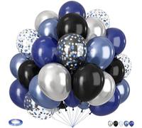 Lot de 60 ballons noirs et bleus de 30,5 cm - Ballons noirs et bleu marine argentés en métal argenté et confettis pour remise de diplôme, anniversaire, fête prénatale, mariage, Nouvel An, décoration