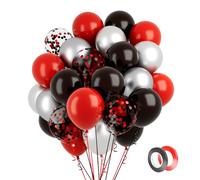Lot de 60 ballons rouges et noirs de 30 cm - Confettis argentés métallisés - En latex - 1 rouleau de ruban noir - Pour anniversaire, mariage, remise de diplôme, Nouvel An