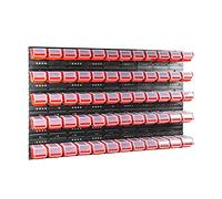 Lot de 60 boîtes avec couvercle + étagère murale 120 x 80 cm - Boîtes empilables - Système de rangement (rouge)