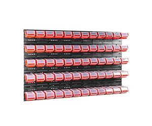 Lot de 60 boîtes avec couvercle + étagère murale 120 x 80 cm - Boîtes empilables - Système de rangement (rouge)
