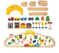 Lot de 60 chemins de fer en bois et trains - Kit pour débutants - Compatible avec Thomas - Convient pour le kit de train Eichhorn - Jouet pour enfant à partir de 3 ans