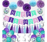 Lot de 60 décorations d'anniversaire sirène pour filles et femmes, décorations de fête avec bannière « Happy Birthday », pompons, tourbillons suspendus, pompons, confettis et coquillages