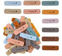 Lot de 60 étiquettes en cuir personnalisées Faites à la Main pour vêtements et artisanat du tricot. Étiquettes de couture avec trous, 56 x 15 mm et disponibles en 10 couleurs.