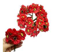 Lot de 60 mini coquelicots artificiels et tige douce, petites fleurs rouges | Fleurs d'anémone et feuilles vertes de 45 mm pour la fabrication de pinces à cheveux de mariée, décoration de gâteau