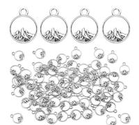 Lot de 60 petites breloques rondes en forme de montagne - 11 x 14 mm - Pendentifs naturels faits à la main - Décoration vintage pour la fabrication de bijoux - Plaqué argent, Argent, Pas de gemme