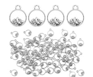 Lot de 60 petites breloques rondes en forme de montagne - 11 x 14 mm - Pendentifs naturels faits à la main - Décoration vintage pour la fabrication de bijoux - Plaqué argent, Argent, Pas de gemme