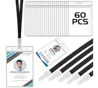 Lot de 60 porte-badges avec ruban, étanche, en PVC transparent, vertical, avec lanière, pour employés, étudiants, expositions (noir)