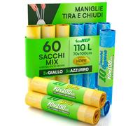 Lot de 60 sacs collecte différenciée HDPE 70x100cm 110L poignées fermeture jaune bleu anti-trou déchets condominial 6 rouleaux
