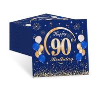 Lot de 60 serviettes bleues « Happy 90e anniversaire » - Décoration de qualité supérieure pour fête d'anniversaire, décoration de table et fête, 33 x 33 cm