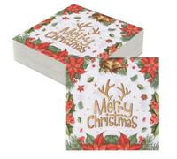 Lot de 60 serviettes de table imprimées en forme de cloche de Noël - Décoration de table - Serviettes de Noël - Joyeux Noël - Serviettes en papier 33 x 33 cm