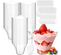 Lot De 60 Verrine Plastique Aperitif De 100 Ml, 4oz Réutilisables Verrine Plastique, Avec 60 Cuillères à Dessert, Cercle Courbe Mini Verrines Pour Pudding,Mousse,Crème Glacée,Fête De Noël En Famille