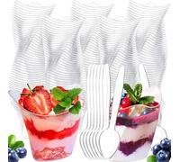 Lot De 60 Verrine Plastique Aperitif De 100 Ml, 4oz Réutilisables Verrine Plastique, Avec 60 Cuillères à Dessert, Cercle Courbe Mini Verrines Pour Pudding,Mousse,Crème Glacée,Fête De Noël En Famille