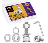 Lot de 60 vis à tête hexagonale M3 et écrous M3 x 25 mm en acier inoxydable - Vis cylindriques à six pans creux et rondelles avec 1 clé plate pour projets d'impression 3D (15 lots)