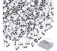 Lot de 600 perles d'Halloween en forme de tête de mort en acrylique noir et blanc à grand trou avec boîte de rangement pour la fabrication de bijoux, les loisirs créatifs et la décoration
