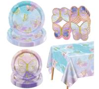 Lot de 61 décorations d'anniversaire en forme de papillon - Assiettes en papier, serviettes et nappes pour décorations de fête de fées, fournitures de fête d'anniversaire, pour 20 personnes