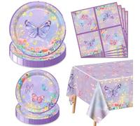 Lot de 61 décorations d'anniversaire en forme de papillon - Assiettes, serviettes et nappe papillon violet pour fête d'anniversaire, pour 20 personnes