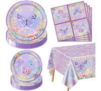 Lot De 61 Décorations D'anniversaire En Forme De Papillon ¿ Assiettes,Serviettes Et Nappe Papillon Violet Pour Fête D'anniversaire,Pour 20 Personnes