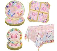 Lot de 61 décorations d'anniversaire en forme de papillon rose - Assiettes, serviettes et nappe à fleurs pour fête d'anniversaire - Pour 20 personnes