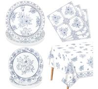 Lot de 61 décorations de fête à fleurs bleues et blanches - Assiettes en porcelaine bleues et blanches - Serviettes - Nappe pour anniversaire de mariage - Douche prénatale - Printemps été -