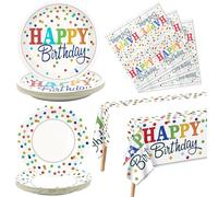 Lot de 61 fournitures de fête d'anniversaire arc-en-ciel - y compris des assiettes en carton colorées à pois, des serviettes colorées, une nappe pour enfants et adultes, décorations de fête