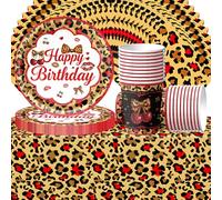 Lot de 61 pièces de décoration de fête d'anniversaire avec motif léopard cerise et léopard comprenant serviettes, assiettes en carton, gobelets en carton et nappe pour 20 invités